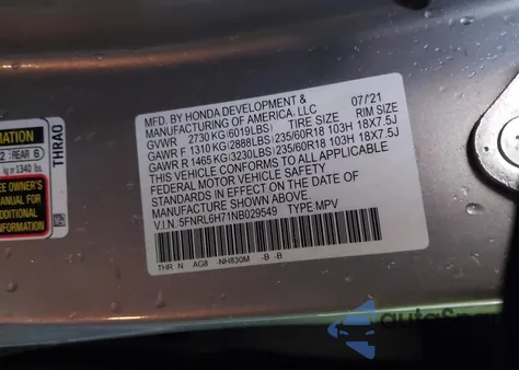 2022 Honda Odyssey Ex-L из США, поврежденный, VIN 5FNRL6H71NB029549